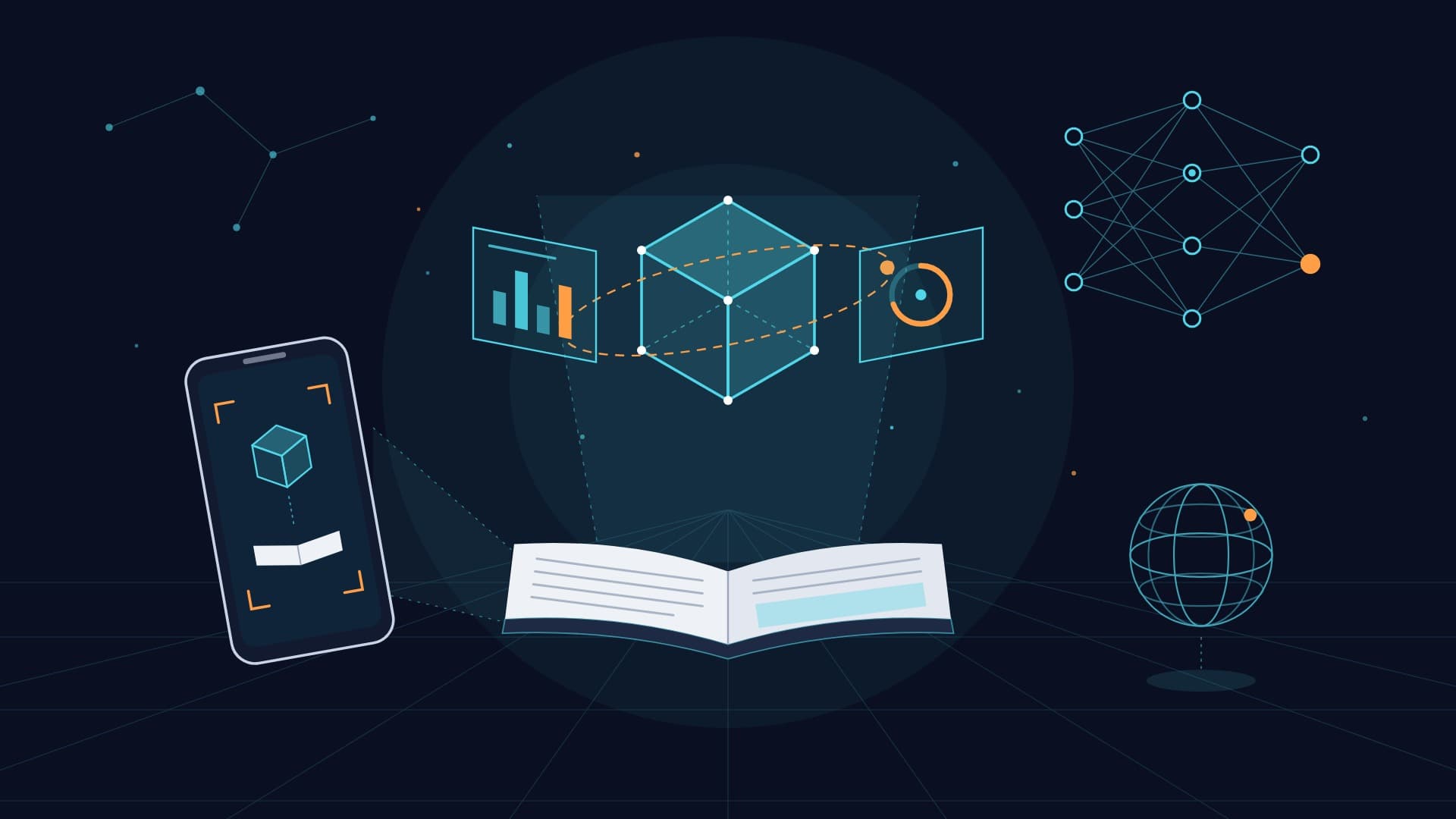 Illustration of an open book projecting a 3D cube, data panels and a smartphone AR view