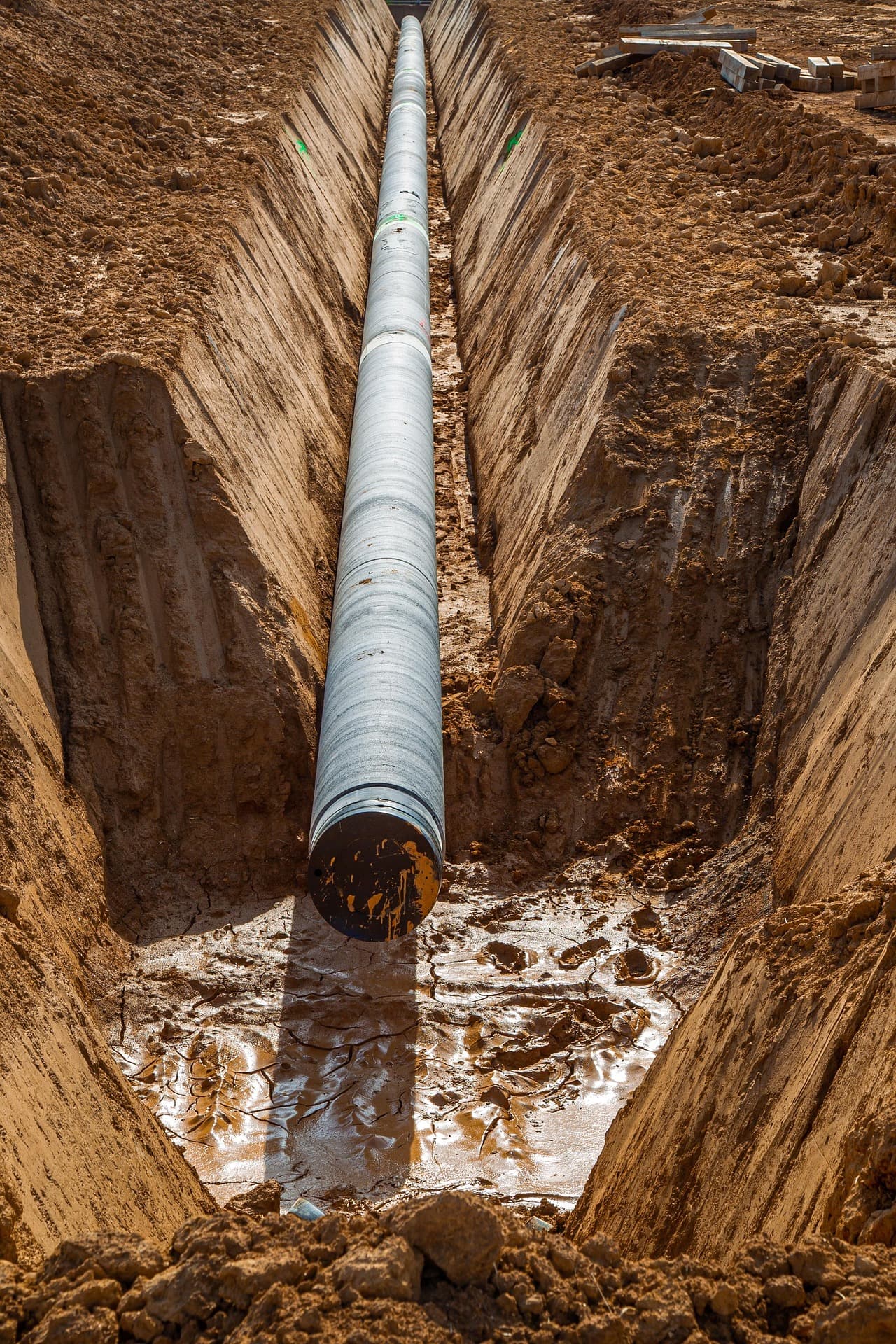Steel pipeline laid in an excavated trench